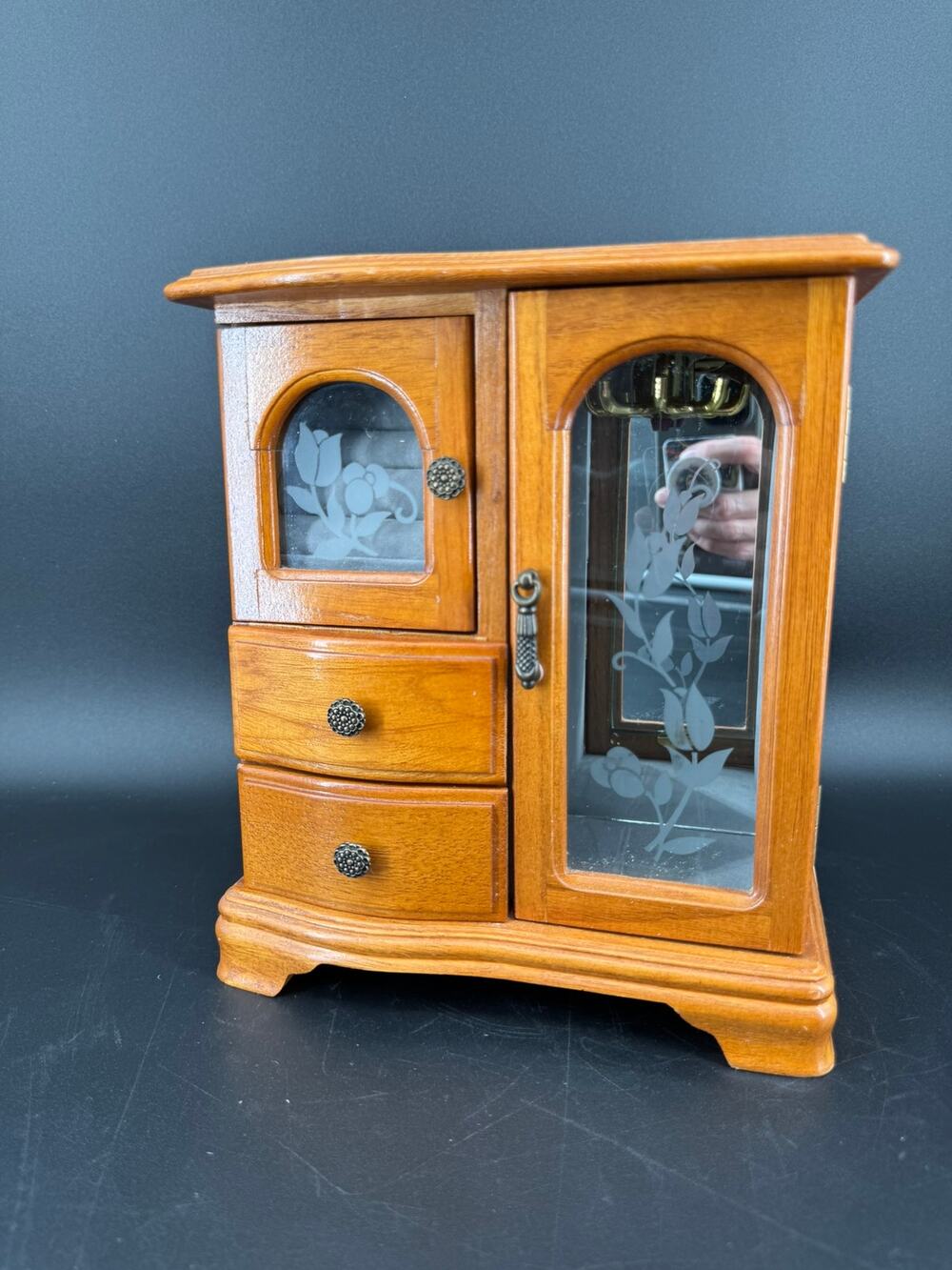 Vintage Wood Jewelry Armoire Etched Rose Glass Mirror Carousel 2 Drawer
